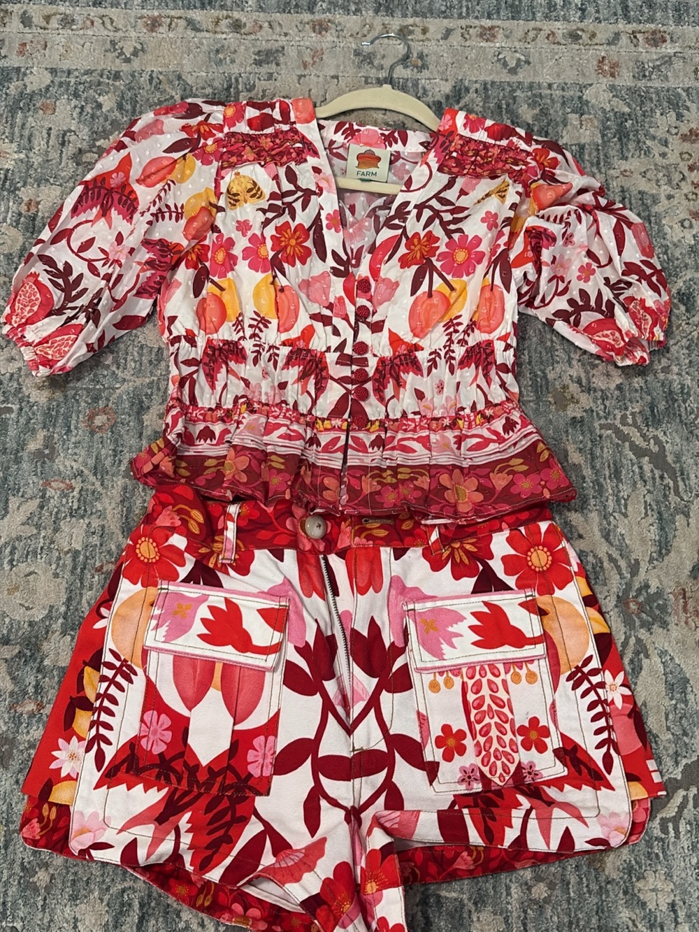 FARM Rio Red, Pink, Orange Floral Peplum Top and Shorts Set